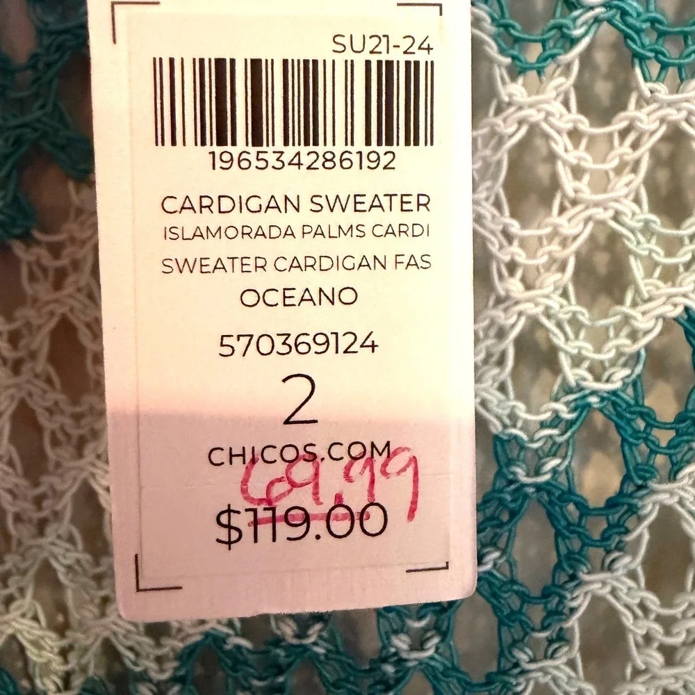 Chicos Palms‎ Mesh Cardigan Sweater Women's Large Teal Tropical Resortwear Boho - Picture 9 of 14